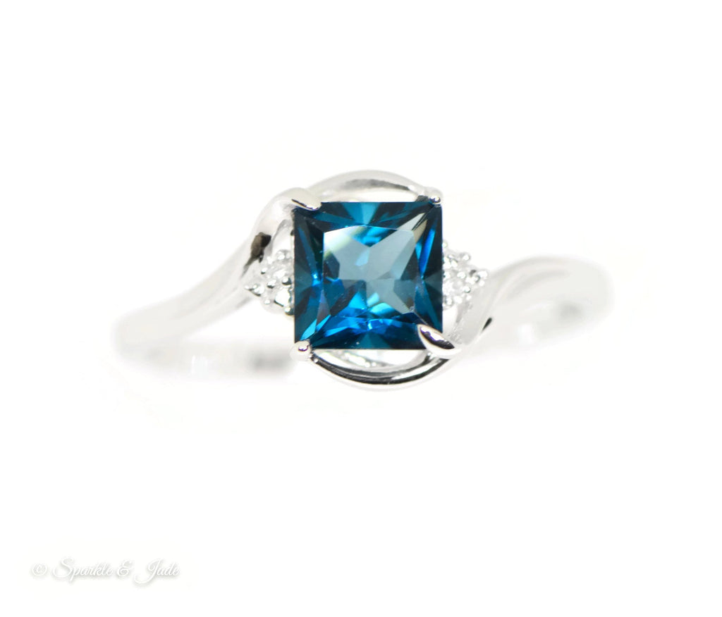Sterling Silver Diamond & London Blue Topaz Princess Cut Ring- Sparkle & Jade-SparkleAndJade.com 