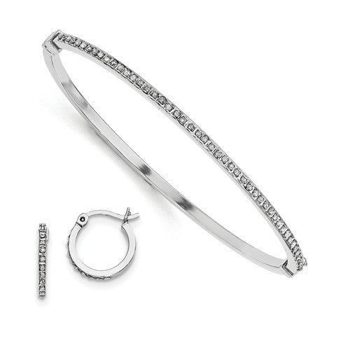 Sterling Silver Diamond Mystique Round Hoop Earrings & Hinged Bangle Set- Sparkle & Jade-SparkleAndJade.com QDF113
