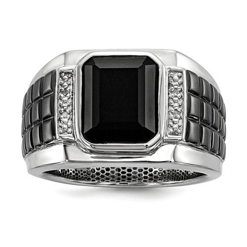 Sterling Silver Diamond Onyx Square Black Rhodium Men's Ring