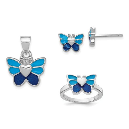 Sterling Silver Enamel Butterfly Children's Earring, Ring & Pendant Set- Sparkle & Jade-SparkleAndJade.com QH5201SET