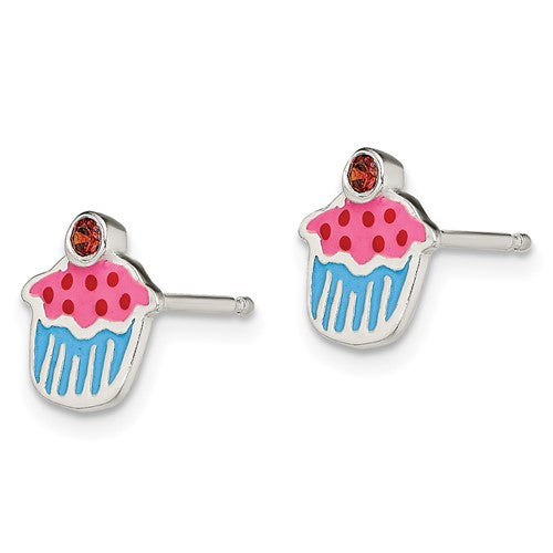 Sterling Silver Enamel & Genuine Garnet Cupcake Children's Earrings- Sparkle & Jade-SparkleAndJade.com QE12922