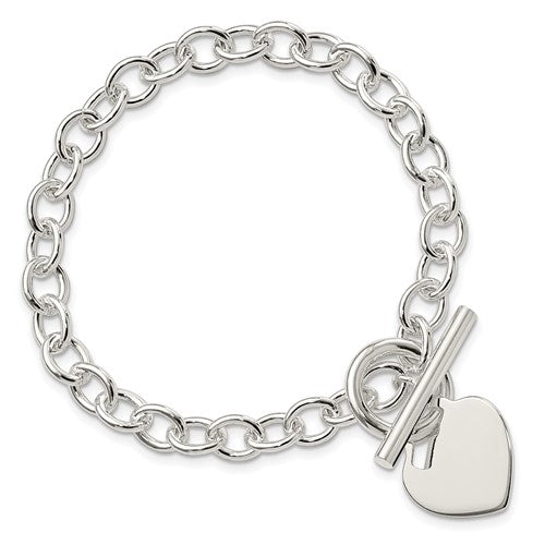 925 Sterling Silver Engraveable Heart Disc on Link Toggle 7.75 inch Chain Charm Bracelet
