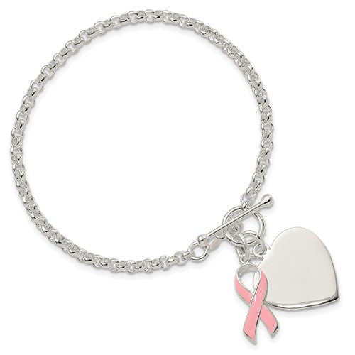 Sterling Silver Engravable Heart and Pink Ribbon Charm Toggle Bracelet- Sparkle & Jade-SparkleAndJade.com QG2171-7.5