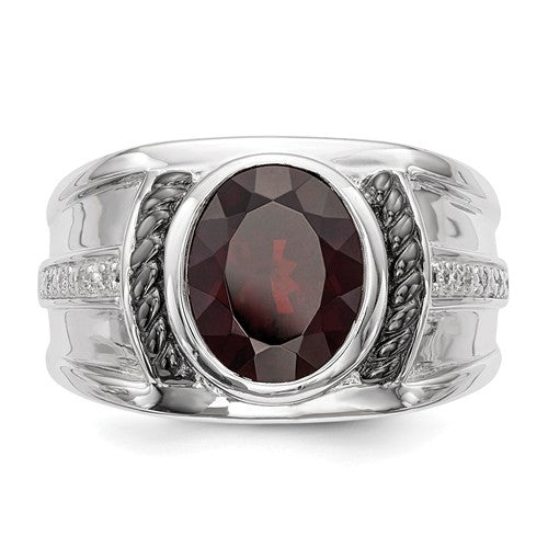 Sterling Silver Garnet & Diamond Oval Black Rhodium-Plated Men's Ring- Sparkle & Jade-SparkleAndJade.com 