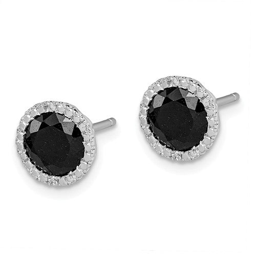 Sterling Silver Genuine 8mm Round Black Sapphire & Diamond Post Earrings- Sparkle & Jade-SparkleAndJade.com QE12153
