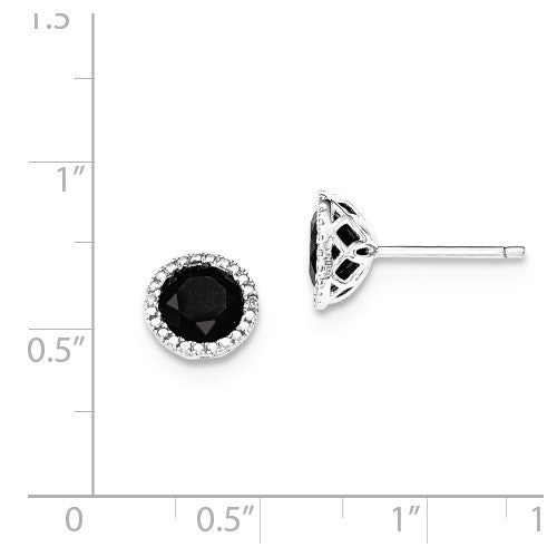 Sterling Silver Genuine 8mm Round Black Sapphire & Diamond Post Earrings- Sparkle & Jade-SparkleAndJade.com QE12153