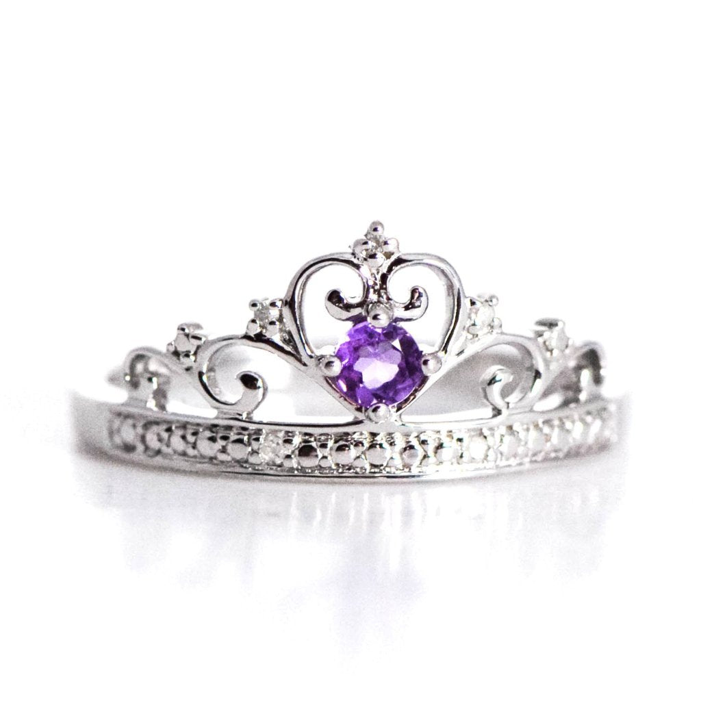 Sterling Silver Genuine Amethyst and Diamond Princess Crown Ring- Sparkle & Jade-SparkleAndJade.com QR4645AM-6