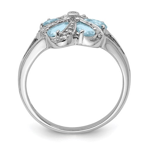 Sterling Silver Genuine Aquamarine Diamond Flower Ring- Sparkle & Jade-SparkleAndJade.com 