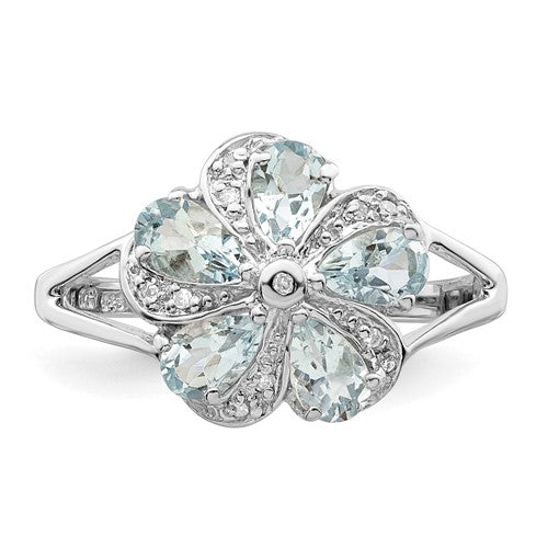 Sterling Silver Genuine Aquamarine Diamond Flower Ring- Sparkle & Jade-SparkleAndJade.com 