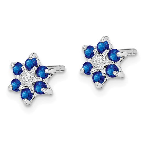 Sterling Silver Genuine Blue Sapphire And Diamond 6mm Flower Post Earrings- Sparkle & Jade-SparkleAndJade.com QDX306