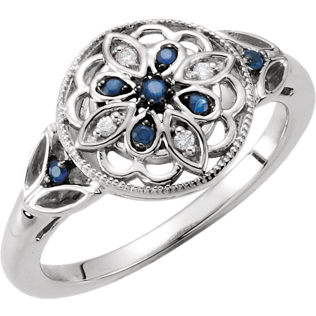 Sterling Silver Genuine Blue Sapphire & Diamond Floral Filigree Ring- Sparkle & Jade-SparkleAndJade.com 