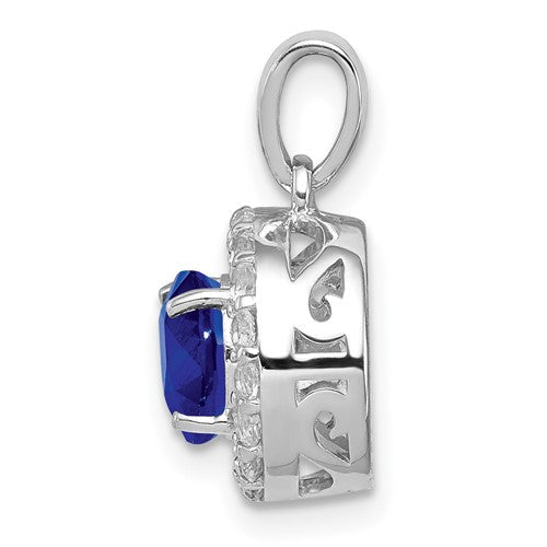 Sterling Silver Genuine Blue Sapphire and White Topaz Round Halo Pendant- Sparkle & Jade-SparkleAndJade.com QP2995S