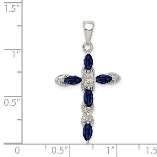 Sterling Silver Genuine Dark Blue Sapphire And Diamond Cross Pendant- Sparkle & Jade-SparkleAndJade.com QC5265
