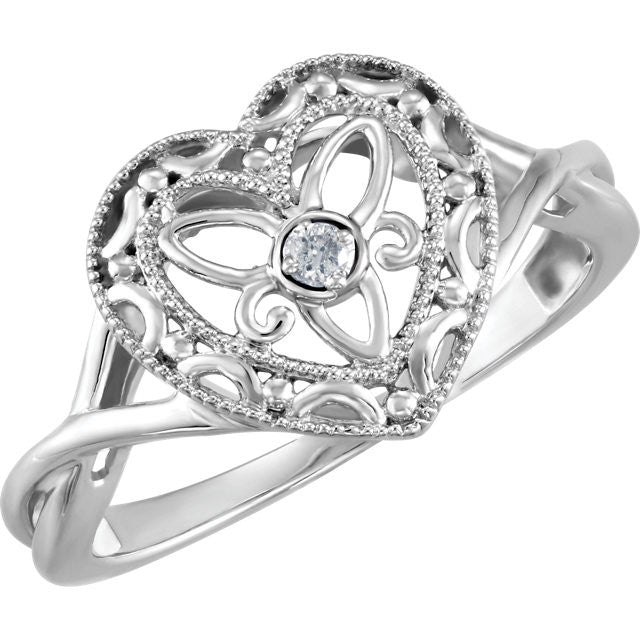 Sterling Silver Genuine Diamond Heart Crossed Band Filigree Ring- Sparkle & Jade-SparkleAndJade.com 