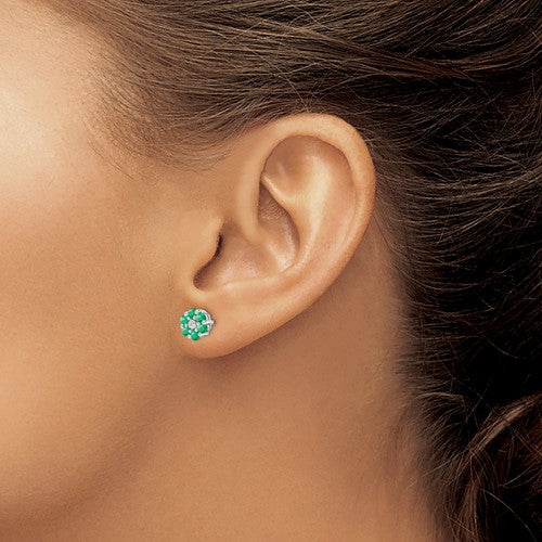 Sterling Silver Genuine Emerald And Diamond Center Flower Post Earrings- Sparkle & Jade-SparkleAndJade.com QDX318