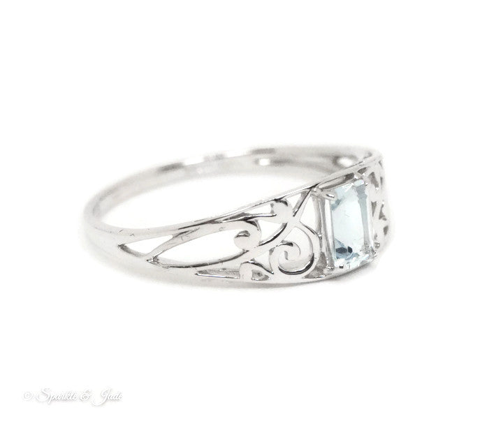 Sterling Silver Genuine Emerald Cut Gemstone Filigree Rings- Sparkle & Jade-SparkleAndJade.com 