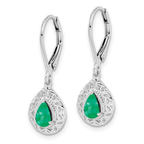 Sterling Silver Genuine Emerald Pear Teardrop Filigree Lever Back Earrings- Sparkle & Jade-SparkleAndJade.com QE10017E