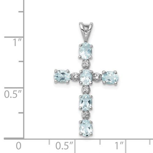Sterling Silver Genuine Oval Aquamarine And Diamond Cross Pendant- Sparkle & Jade-SparkleAndJade.com QP2955AQ