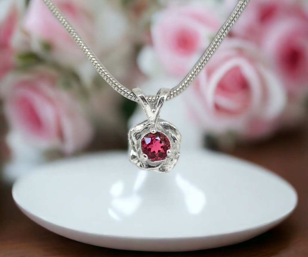 Sterling Silver Genuine Pink Tourmaline Rose Pendant Necklace- Sparkle & Jade-SparkleAndJade.com 