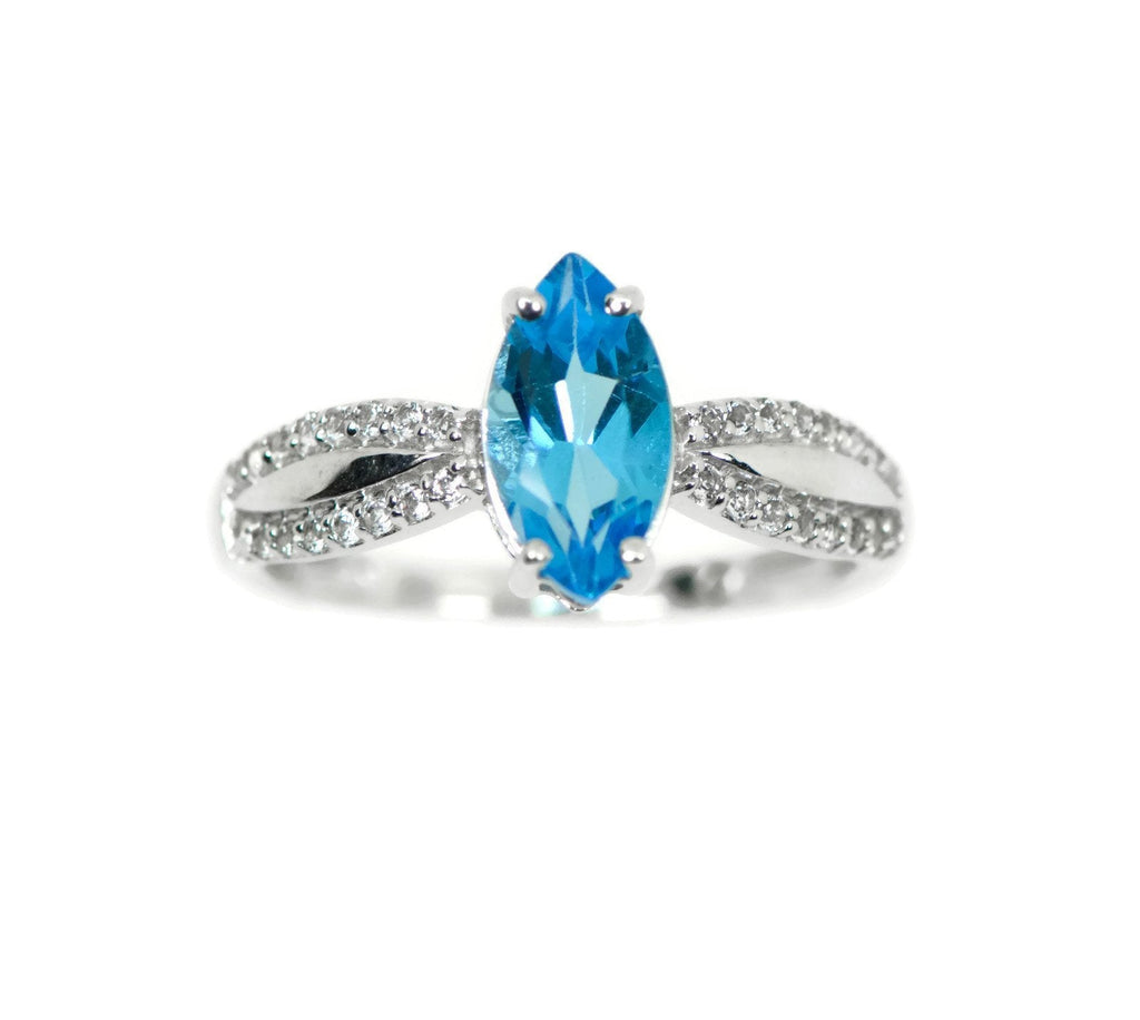 Sterling Silver Genuine Swiss Blue Topaz Marquise & White Topaz Ring- Sparkle & Jade-SparkleAndJade.com 