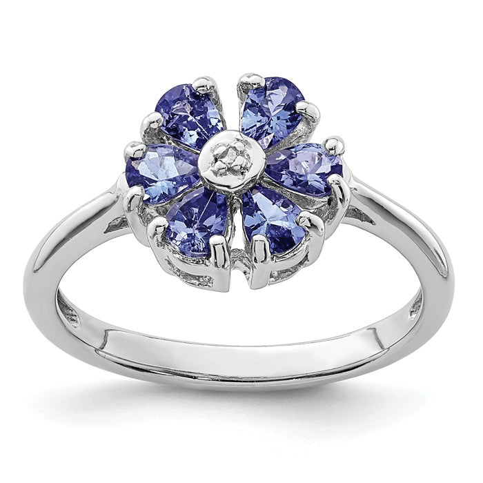 Sterling Silver Genuine Tanzanite And Diamond Flower Ring- Sparkle & Jade-SparkleAndJade.com 