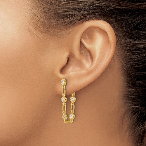 Sterling Silver Gold PlatedBezel CZ Chain Post and Dangle Earrings- Sparkle & Jade-SparkleAndJade.com 