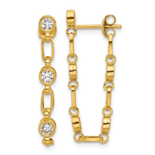 Sterling Silver Gold PlatedBezel CZ Chain Post and Dangle Earrings- Sparkle & Jade-SparkleAndJade.com 