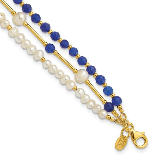 Sterling Silver Gold-plated Freshwater Pearl and Blue Quartz Bracelet- Sparkle & Jade-SparkleAndJade.com QH5687-8