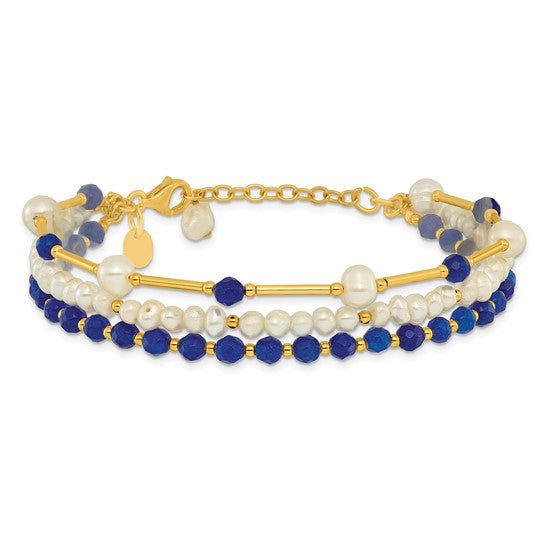 Sterling Silver Gold-plated Freshwater Pearl and Blue Quartz Bracelet- Sparkle & Jade-SparkleAndJade.com QH5687-8