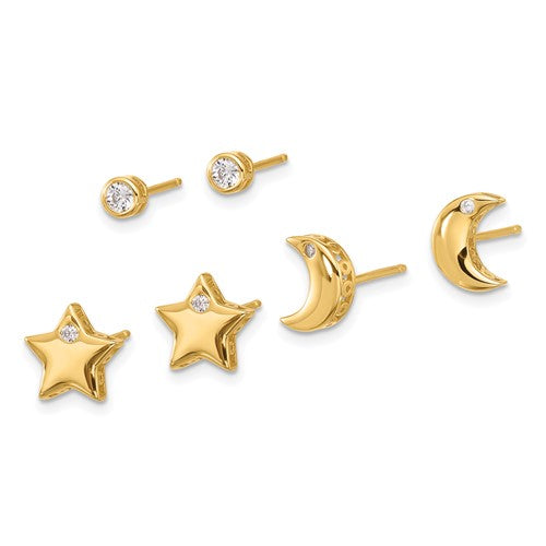 Sterling Silver Gold-tone CZ Moon Star and Round Set of 3 Post Earrings Set- Sparkle & Jade-SparkleAndJade.com 
