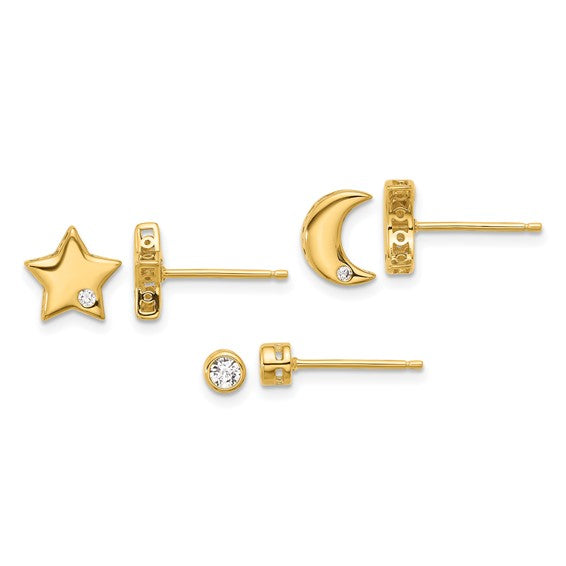 Sterling Silver Gold-tone CZ Moon Star and Round Set of 3 Post Earrings Set- Sparkle & Jade-SparkleAndJade.com 