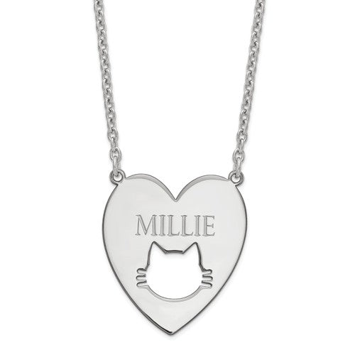 Sterling Silver Heart With Cat Face Engraved Name Necklace- Sparkle & Jade-SparkleAndJade.com 