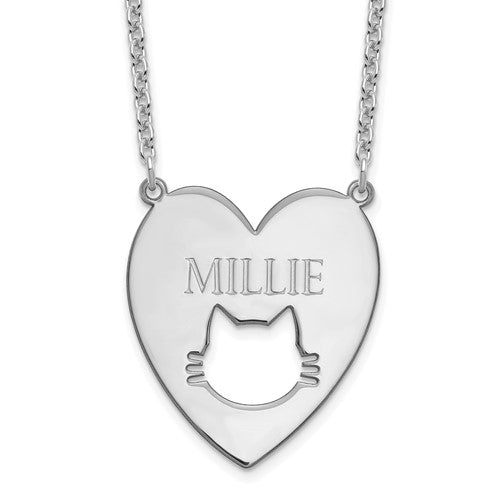 Sterling Silver Heart With Cat Face Engraved Name Necklace- Sparkle & Jade-SparkleAndJade.com XNA780SS