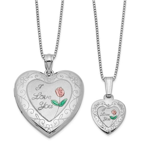 Sterling Silver 'I Love You' Rose Heart Mother & Daughter Locket Set- Sparkle & Jade-SparkleAndJade.com QLS461SET