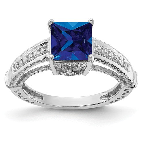 Sterling Silver Lab-Created Blue Sapphire Square Princess & CZ Ring- Sparkle & Jade-SparkleAndJade.com 