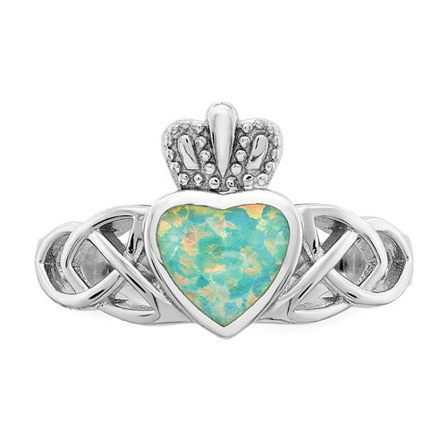 Sterling Silver Lab Created Opal Heart Crown Claddagh Ring- Sparkle & Jade-SparkleAndJade.com 