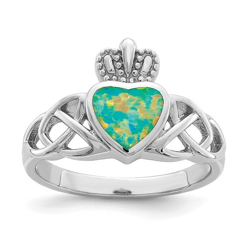 Sterling Silver Lab Created Opal Heart Crown Claddagh Ring- Sparkle & Jade-SparkleAndJade.com 