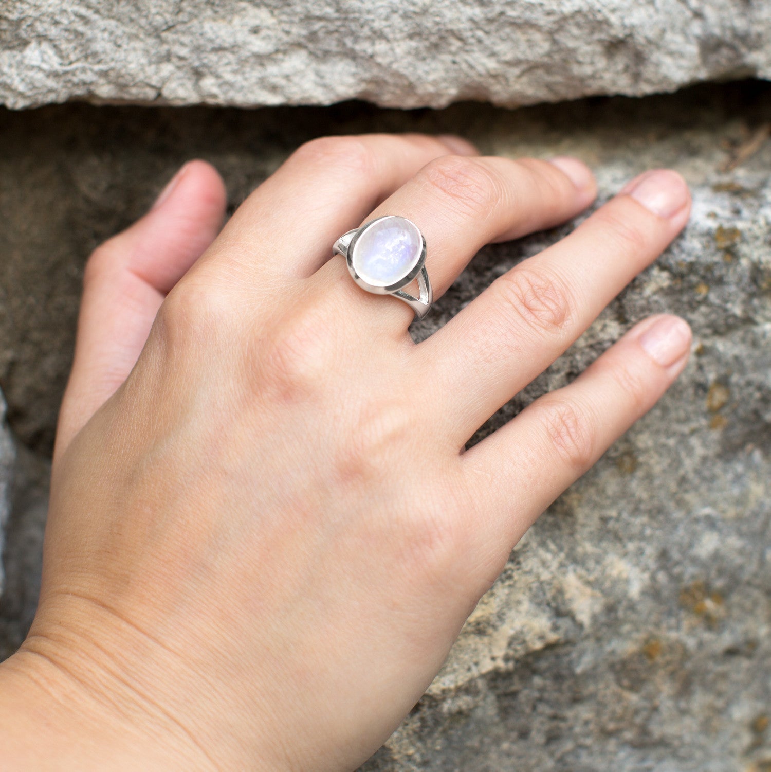 Sterling Silver Large Oval Rainbow Moonstone Ring