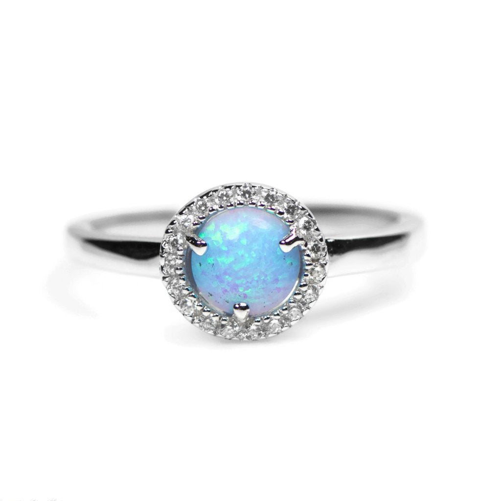 Sterling Silver Light Blue Opal and CZ Halo Ring