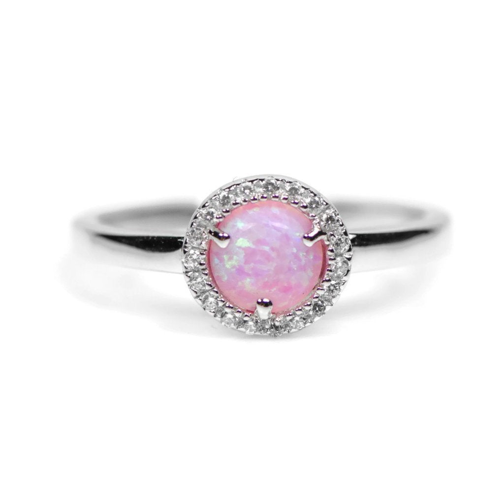 Sterling Silver Light Pink Opal and CZ Halo Ring- Sparkle & Jade-SparkleAndJade.com 