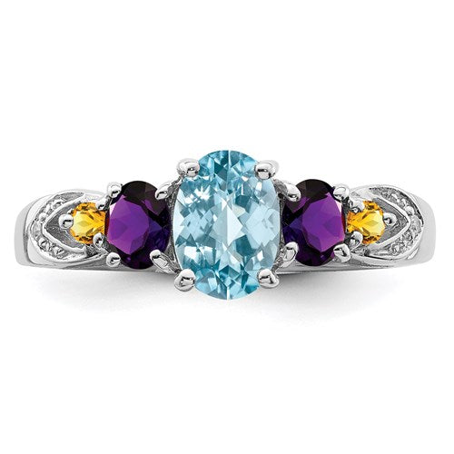 Sterling Silver Light Swiss Blue Topaz, Amethyst, Citrine & Diamond Ring- Sparkle & Jade-SparkleAndJade.com 