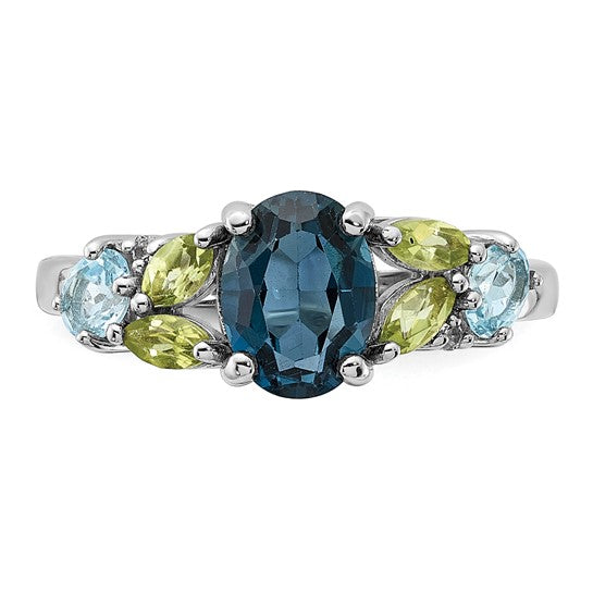Sterling Silver London Blue, Swiss Blue, White Topaz and Peridot Ring- Sparkle & Jade-SparkleAndJade.com 