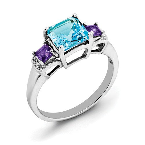 Sterling Silver London Blue Topaz, Amethyst And Diamond Ring- Sparkle & Jade-SparkleAndJade.com 