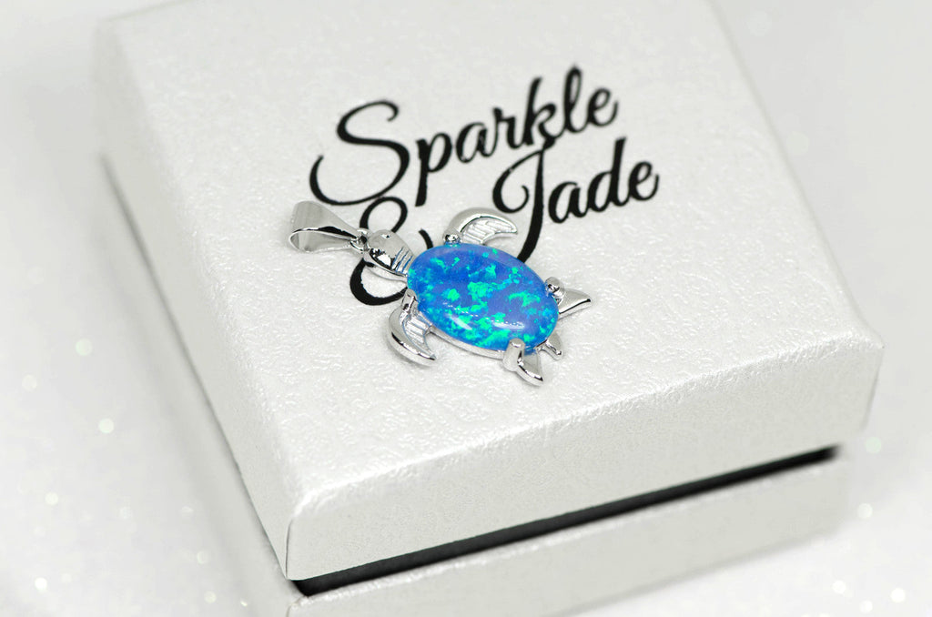 Sterling Silver Medium Blue Opal Sea Turtle Pendant- Sparkle & Jade-SparkleAndJade.com QP1891 O
