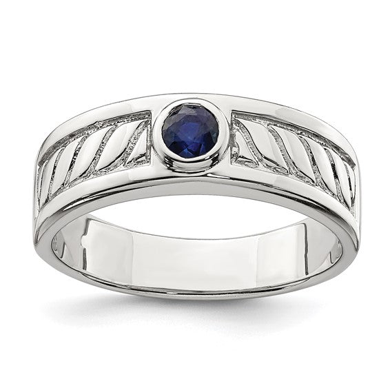 Sterling Silver Men's Bezel Blue Sapphire Textured Band Ring- Sparkle & Jade-SparkleAndJade.com 