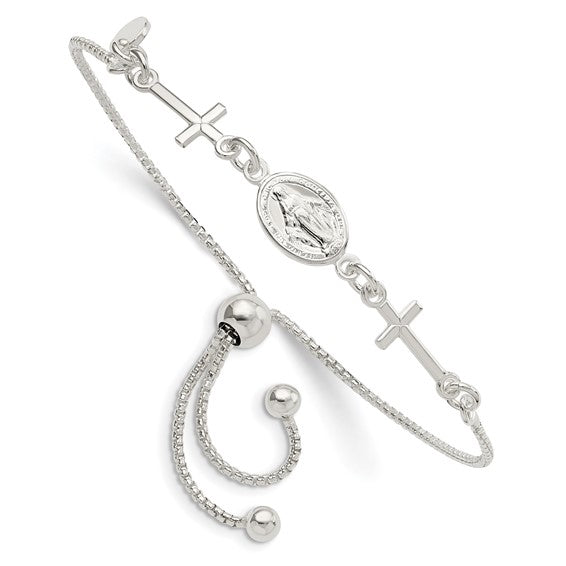 Sterling Silver Miraculous and Crosses Adjustable Bolo Bracelet- Sparkle & Jade-SparkleAndJade.com QG5798