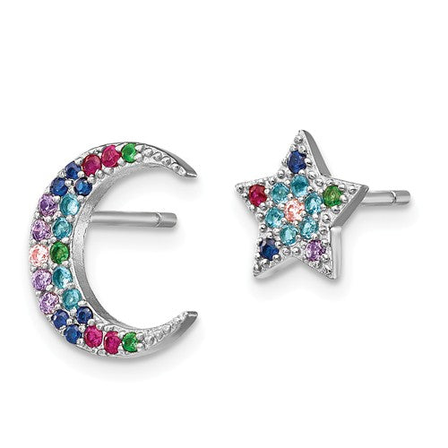 Sterling Silver Moon And Star Colorful CZ Post Earrings- Sparkle & Jade-SparkleAndJade.com QE14449