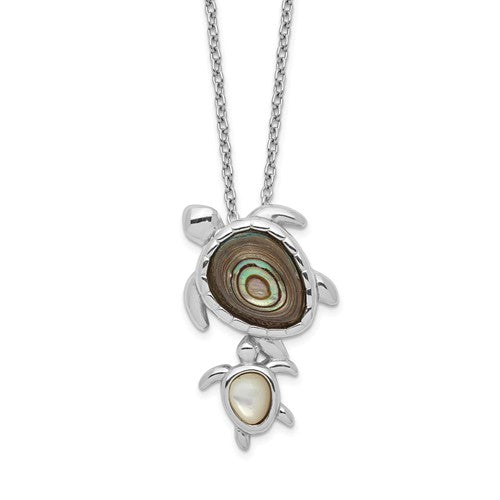 Sterling Silver Mother and Baby Paua Abalone And Mother of Pearl Turtle 18" Necklace- Sparkle & Jade-SparkleAndJade.com QG5447-18