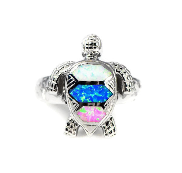 Sterling Silver Multi-Color Opal Sea Turtle Ring with Hawaiian Floral Band- Sparkle & Jade-SparkleAndJade.com 