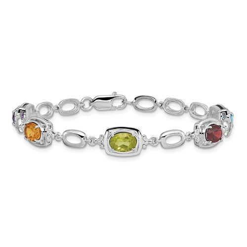 Sterling Silver Multi Rainbow Genuine Gemstone Link Bracelet- Sparkle & Jade-SparkleAndJade.com QX948RB